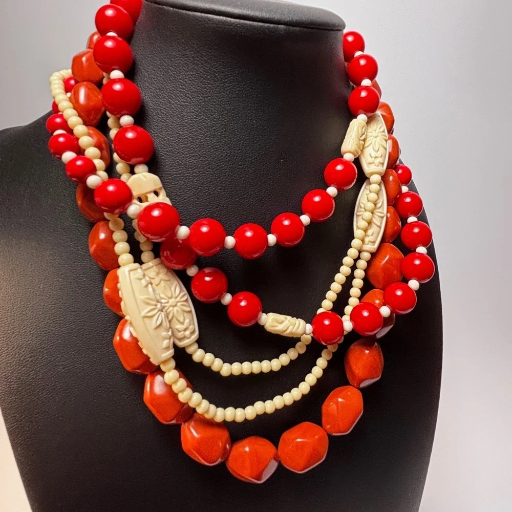 Necklace Lot Goth Witchy Boho Black Red Vintage Acrylic Beads Floral Elephants - Picture 4 of 10